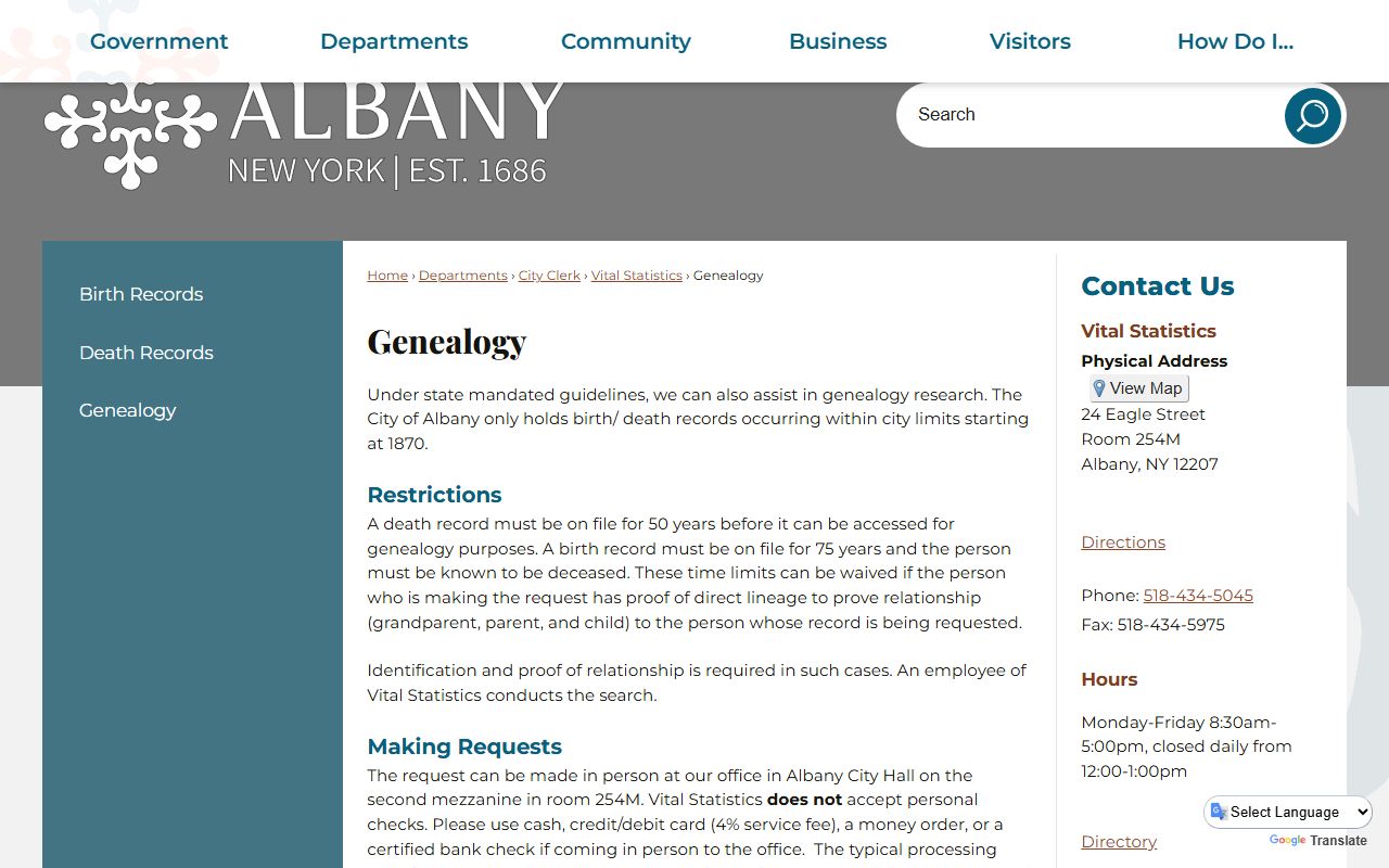 Albany City Hall vital records office for death index genealogy research