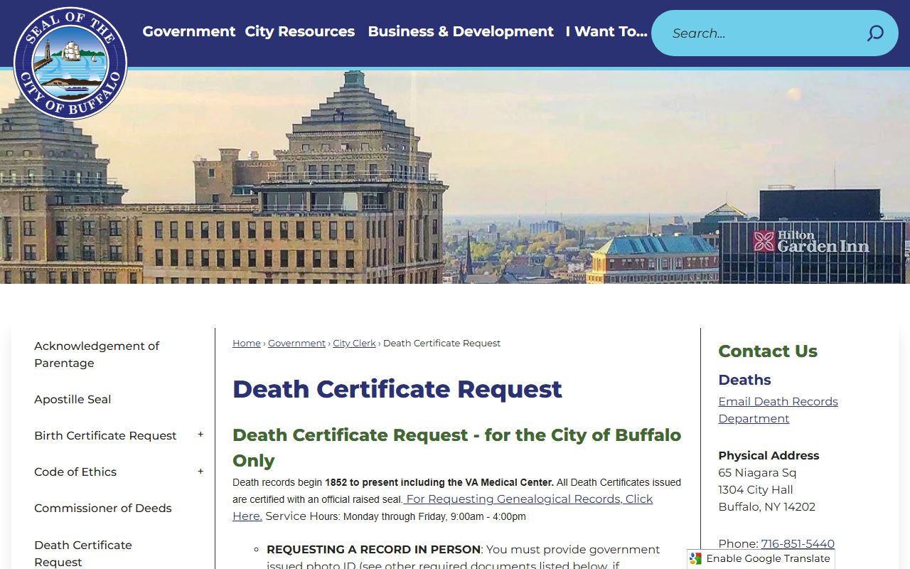 Buffalo City Clerk death certificate request information