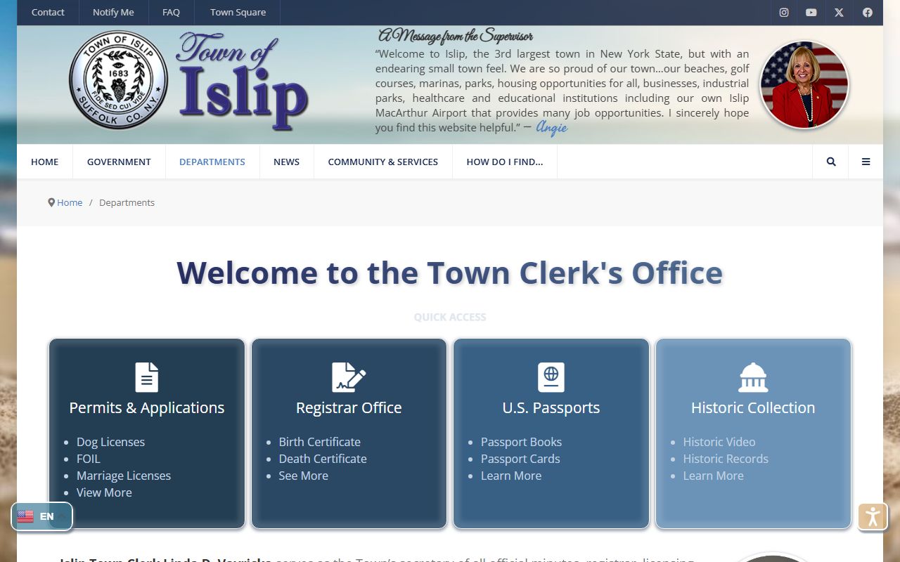 Islip Town Clerk office for death index record requests