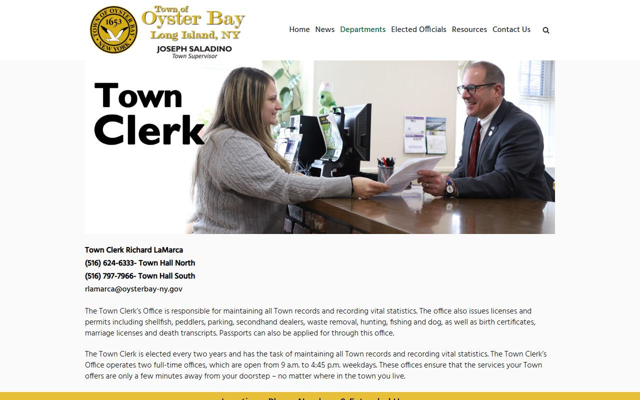 Oyster Bay Town Clerk office for death index records