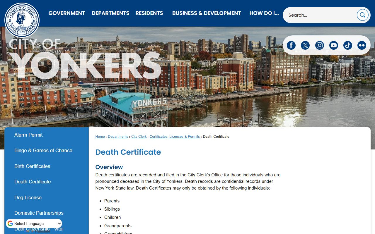 Yonkers City Clerk death certificate request page