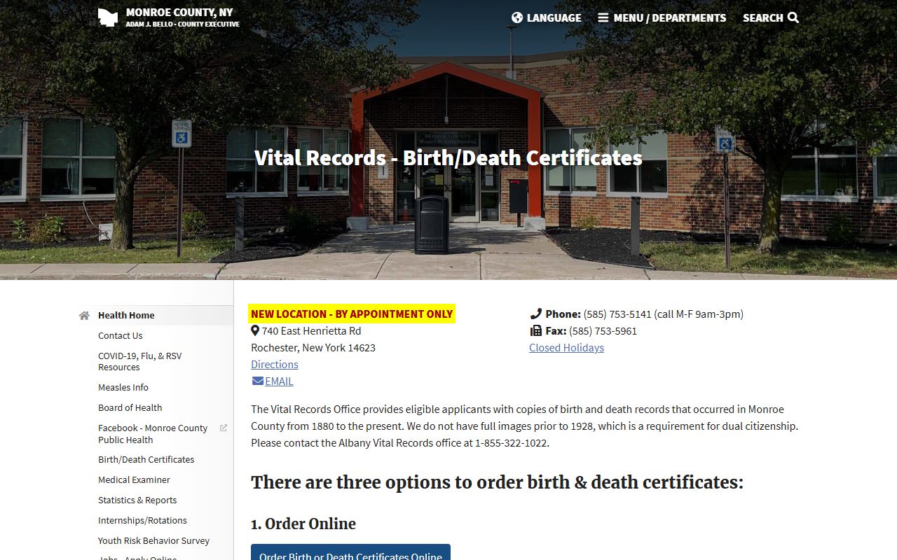 Monroe County vital records online ordering system for death index searches