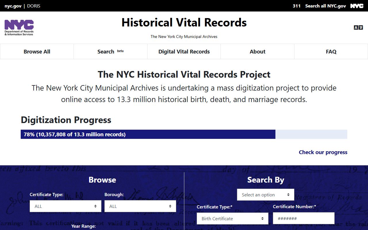 NYC Historical Vital Records database for searching New York City death index records