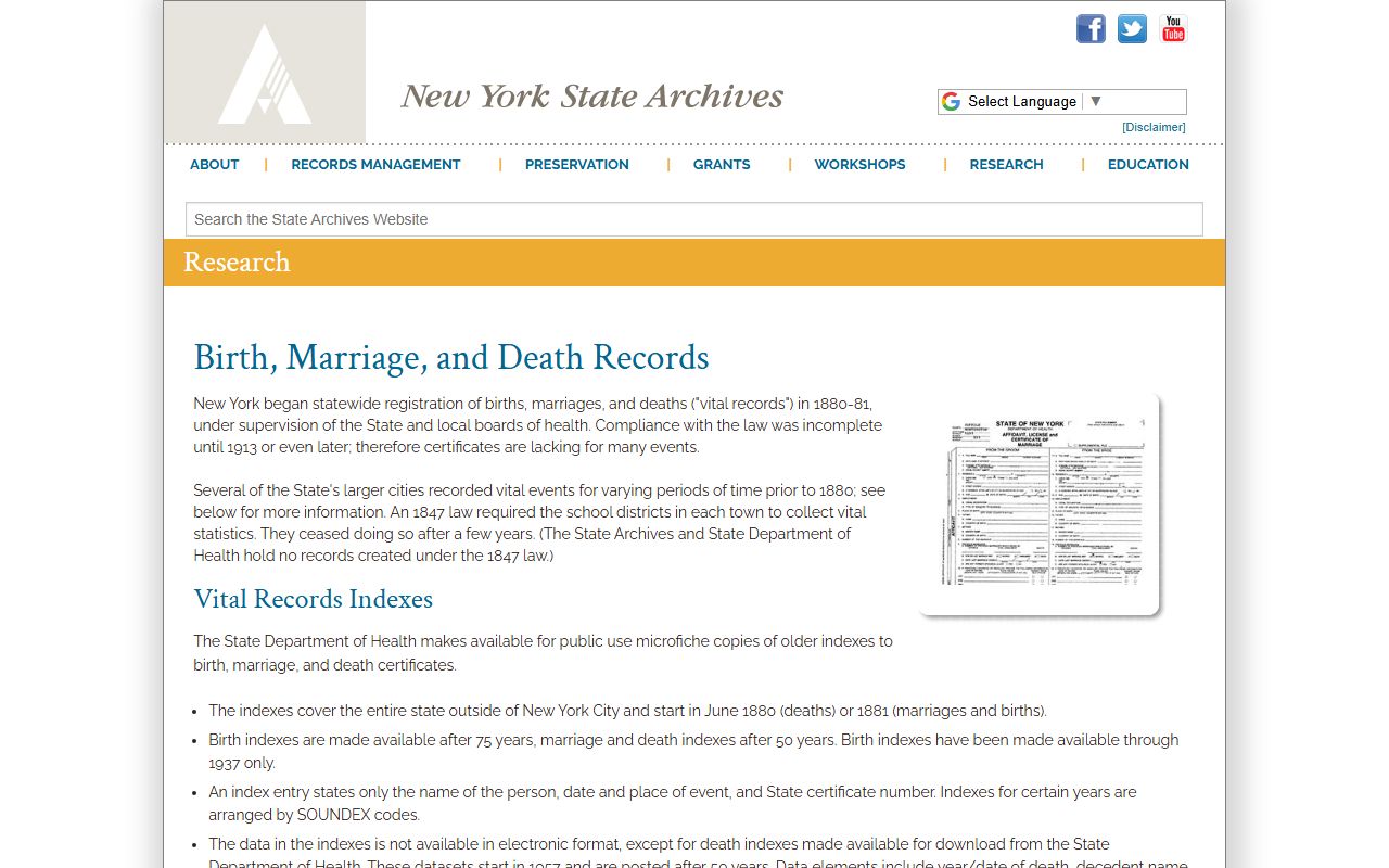 New York State Archives vital records page for Troy death index searches