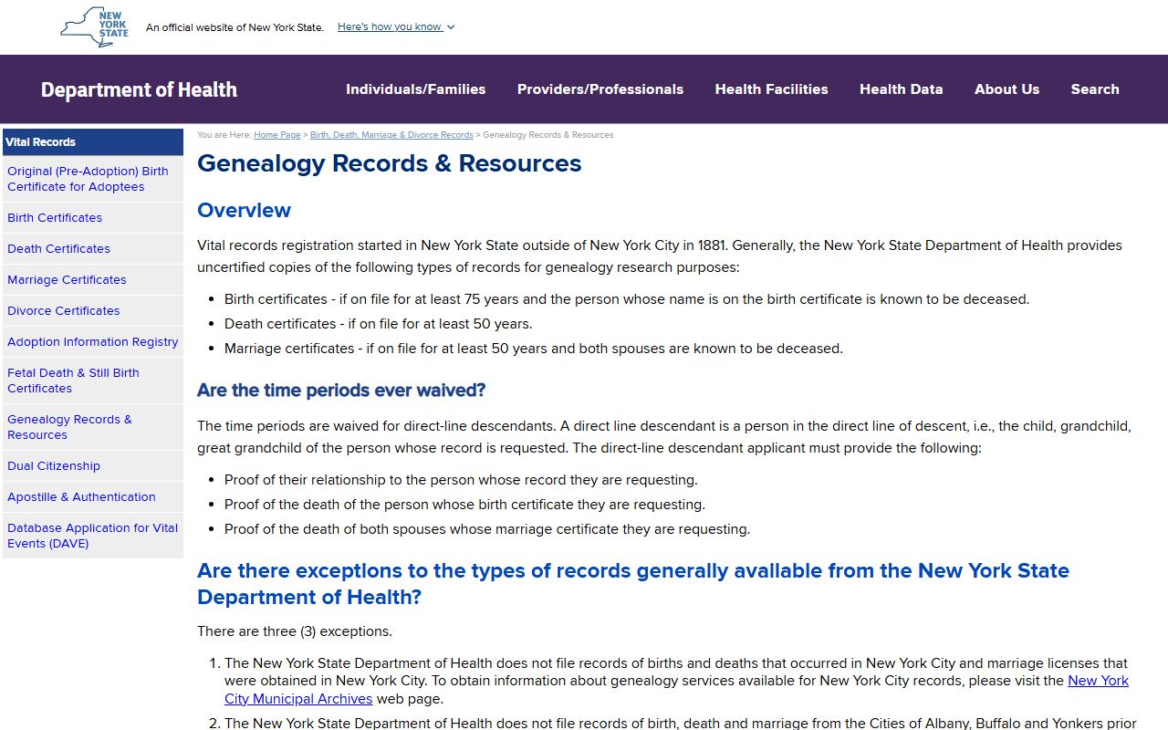 New York State Department of Health genealogy records page for death index research