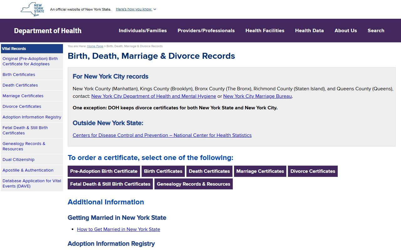 New York State Department of Health vital records page for searching the death index